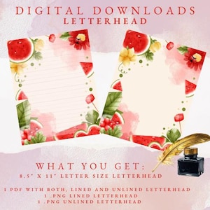 Puede incluir: Dos diseños de membrete con un tema de acuarela de sandía. Los diseños presentan rodajas de sandía roja, flores y hojas. El texto en la parte superior dice "DIGITAL DOWNLOADS LETTERHEAD". El texto en la parte inferior dice "LO QUE OBTIENES: 21,6 cm x 27,9 cm TAMAÑO CARTA".
