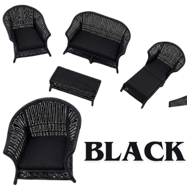 May include: A miniature furniture set in black, featuring a sofa, two armchairs, a chaise lounge, and a rectangular coffee table. Each piece has a woven frame and solid black cushions. The word BLACK is printed in large, bold, black capital letters.