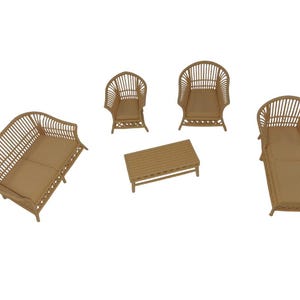 May include: A miniature dollhouse furniture set in a light tan color, featuring a sofa, two armchairs, a rectangular coffee table, and a chaise lounge. Each piece is constructed with a slatted back design and a smooth, solid seat surface.