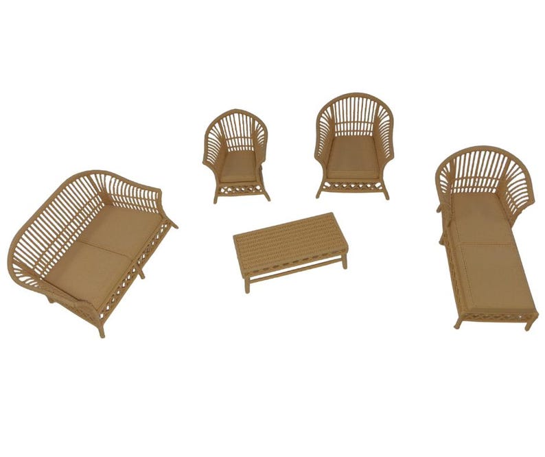 May include: A miniature dollhouse furniture set in a light tan color, featuring a sofa, two armchairs, a rectangular coffee table, and a chaise lounge. Each piece is constructed with a slatted back design and a smooth, solid seat surface.