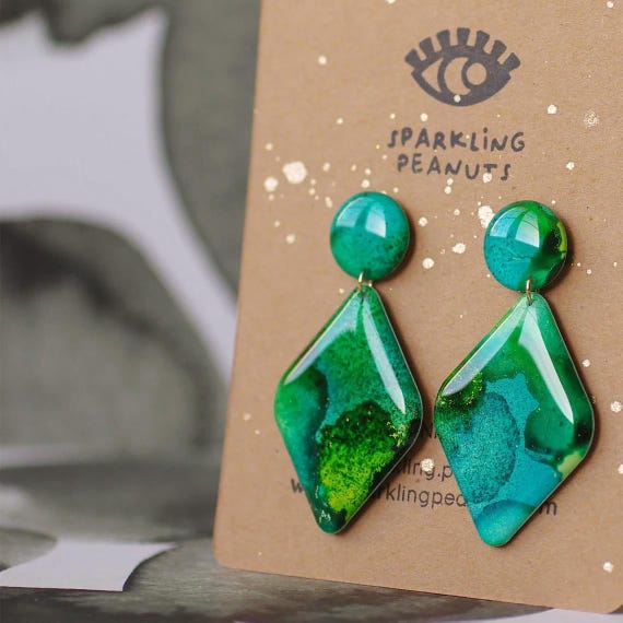 Boucles d'oreilles en papier légères pendants | Bijou créateur, pièces uniques faits à la main | Boucles d'oreilles légères diamant vert