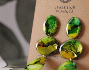 Lightweight pebble earrings | Unique, handmade piece | Designer jewelry, colorful green and gold design earrings