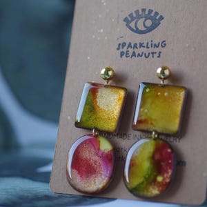 Handmade Resin Earrings | Unique Handmade Patterns | Green Brown Burgundy Colors Modern Graphic Designs