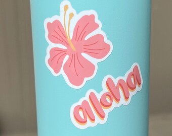 2 STICKERS Aloha Hawaii and Hibiscus Flower set Stickers Vinyl Inspiring water bottle waterproof durable gift laptop