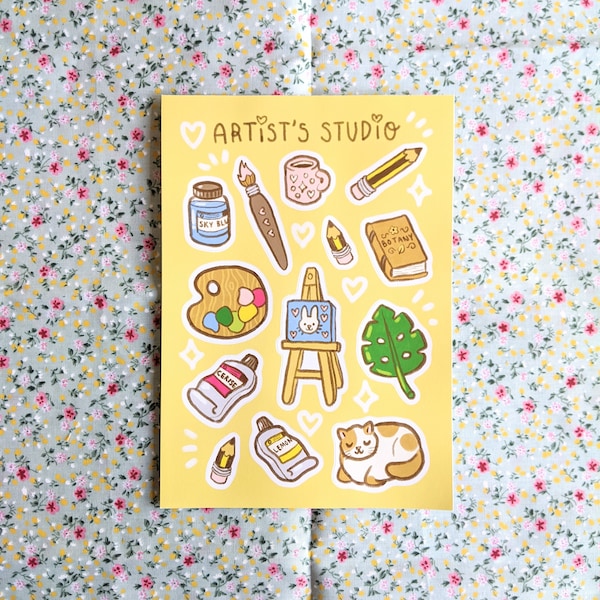 Artist's Studio Sticker Sheet - Cute A5 Matte Sticker Sheet - Eco-friendly Stickers for Journals, Planners, Sketchbooks, and Laptops