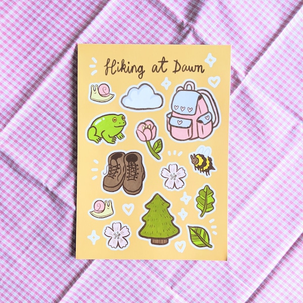 Hiking at Dawn Sticker Sheet - Cute A5 Matte Sticker Sheet - Eco-friendly Stickers for Journals, Planners, Sketchbooks, and Laptops