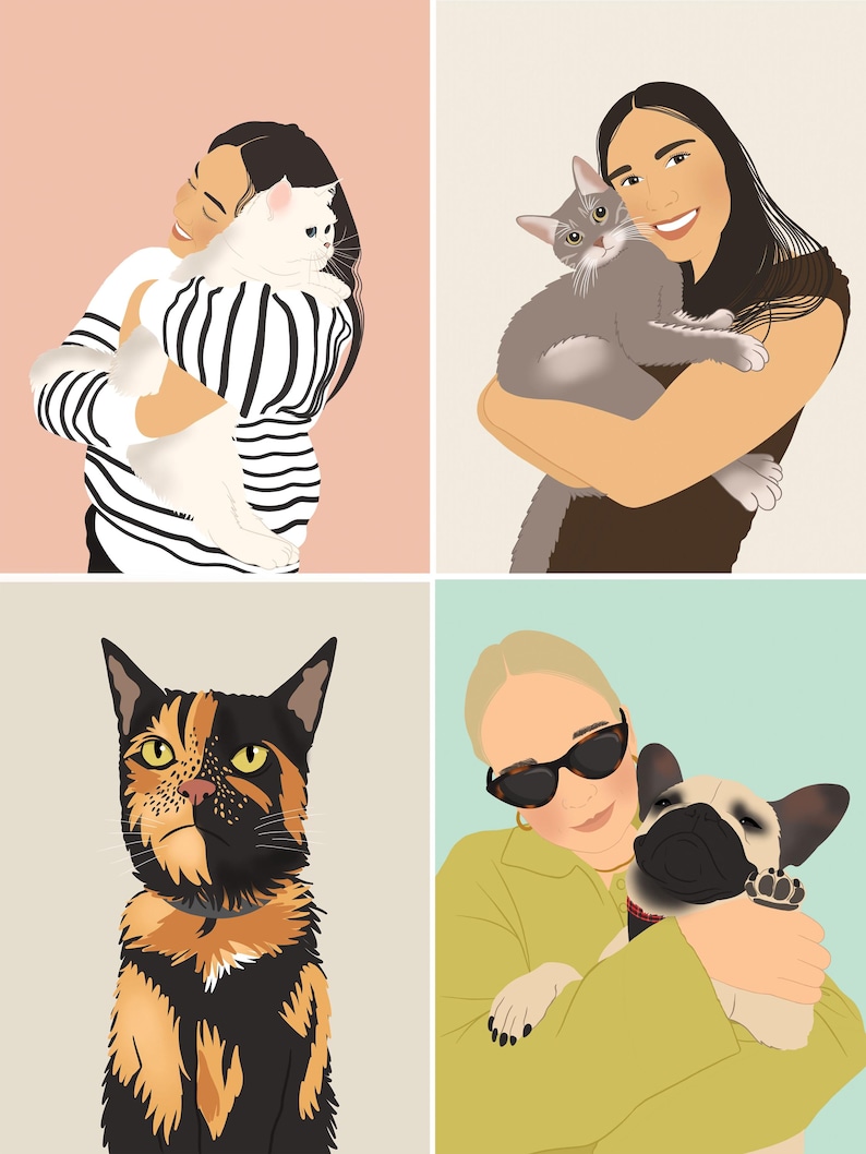 Custom Pet and Owner Portrait, Dog Owner Gift, Cat and Owner Personalized Drawing, Sketch with Family and Pets, Pet and me Portrait image 4