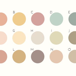 May include: A color palette chart with 15 different color swatches labeled with letters A through O. The colors are a mix of warm and cool tones, including peach, yellow, pink, green, blue, beige, and brown.