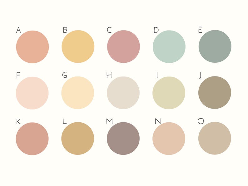May include: A color palette chart with 15 different color swatches labeled with letters A through O. The colors are a mix of warm and cool tones, including peach, yellow, pink, green, blue, beige, and brown.