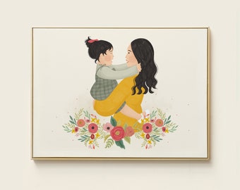 Portrait mère et fille, maman et bébé fille, cadeau nouveau-né fille, portrait maman et bébé, cadeau pour ma fille, cadeau nouvelle maman