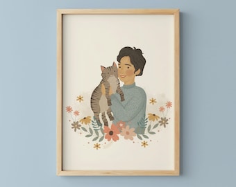 Ilustración personalizada de retrato de mascota y dueño, regalo familiar (descarga digital)