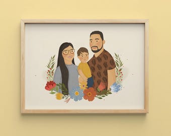 Ilustración de retrato familiar, lindo retrato familiar, retrato familiar digital con mascotas, retrato personalizado a partir de una foto, retrato dibujado a mano, arte