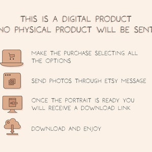 May include: A digital illustration with four steps on how to order a custom portrait. The steps are: 1. Make the purchase selecting all the options. 2. Send photos through Etsy message. 3. Once the portrait is ready you will receive a download link. 4. Download and enjoy.