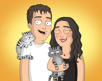 Retrato de Padre de Familia, Retrato personalizado, Retrato de pareja, Arte de Padre de Familia, Retrato familiar, Regalo de Padre de Familia, Retrato familiar de dibujos animados