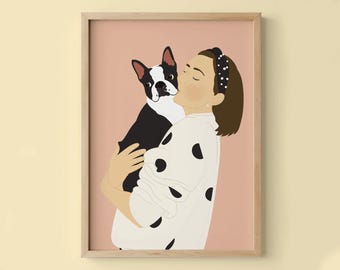 Retrato personalizado de mascota y dueño, regalo para dueño de perro, dibujo personalizado de gato y dueño, boceto con familia y mascotas, retrato de mascota y yo