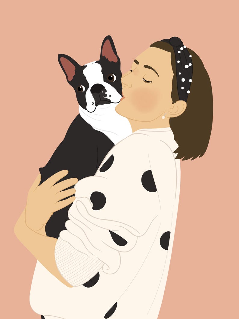 May include: A woman with brown hair wearing a white sweater with black polka dots and a black headband with white pearls is holding a black and white Boston Terrier dog and kissing it on the head.