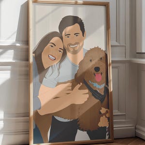 May include: A framed illustration of a couple and their dog. The couple is smiling and the dog is sticking its tongue out. The illustration is done in a cartoon style and has a light brown background.