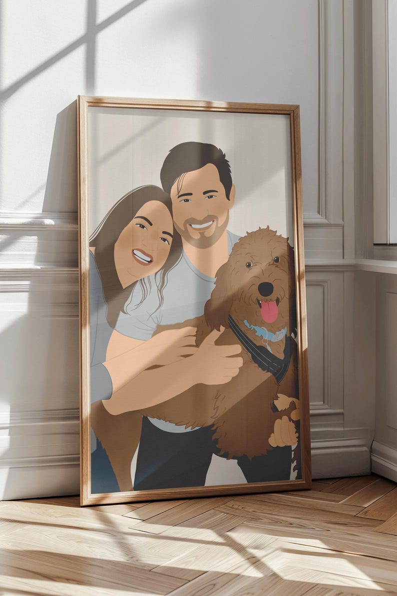 May include: A framed illustration of a couple and their dog. The couple is smiling and the dog is sticking its tongue out. The illustration is done in a cartoon style and has a light brown background.