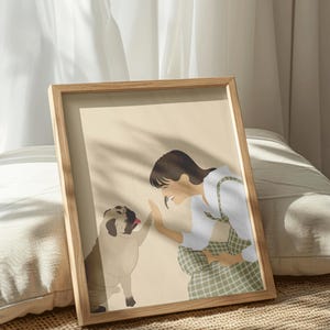 May include: A framed illustration of a person giving a high five to a pug dog. The illustration is in a minimalist style with a beige background and the person is wearing a white shirt and green plaid pants.