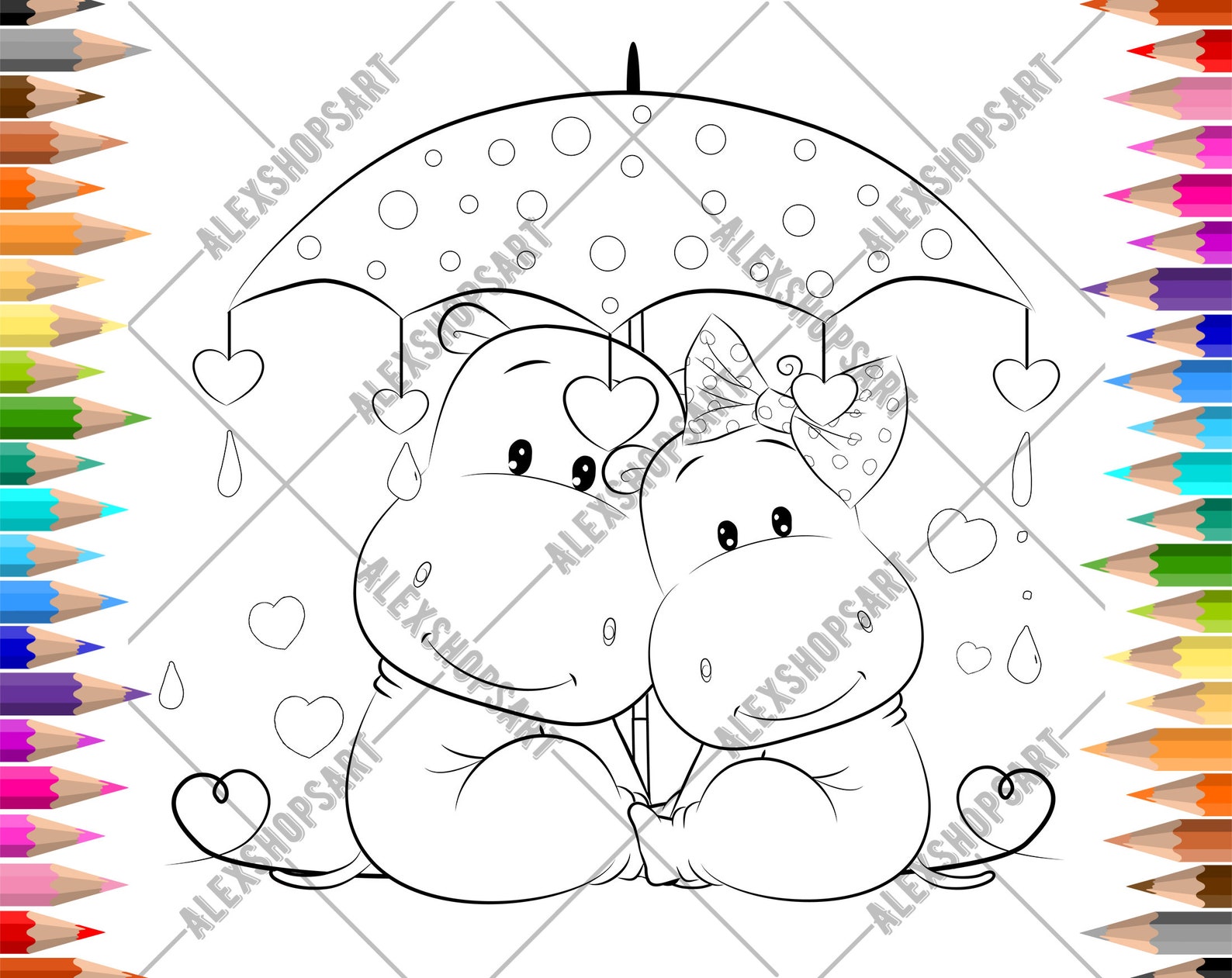 Two cute hippo lovers under an umbrella DIGITAL STAMP for