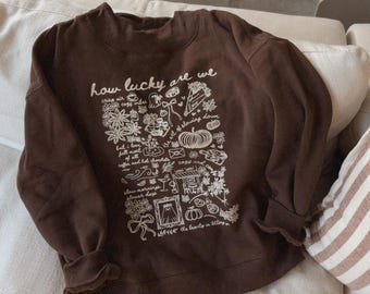Fall Graphic Mock Neck Sweatshirt | Vintage Inspired Brown Pullover