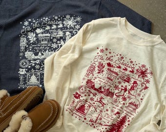 Nostalgic Christmas Corded Crewneck | Vintage Holiday Collage Sweatshirt | Cream & Navy Textured Winter Crew