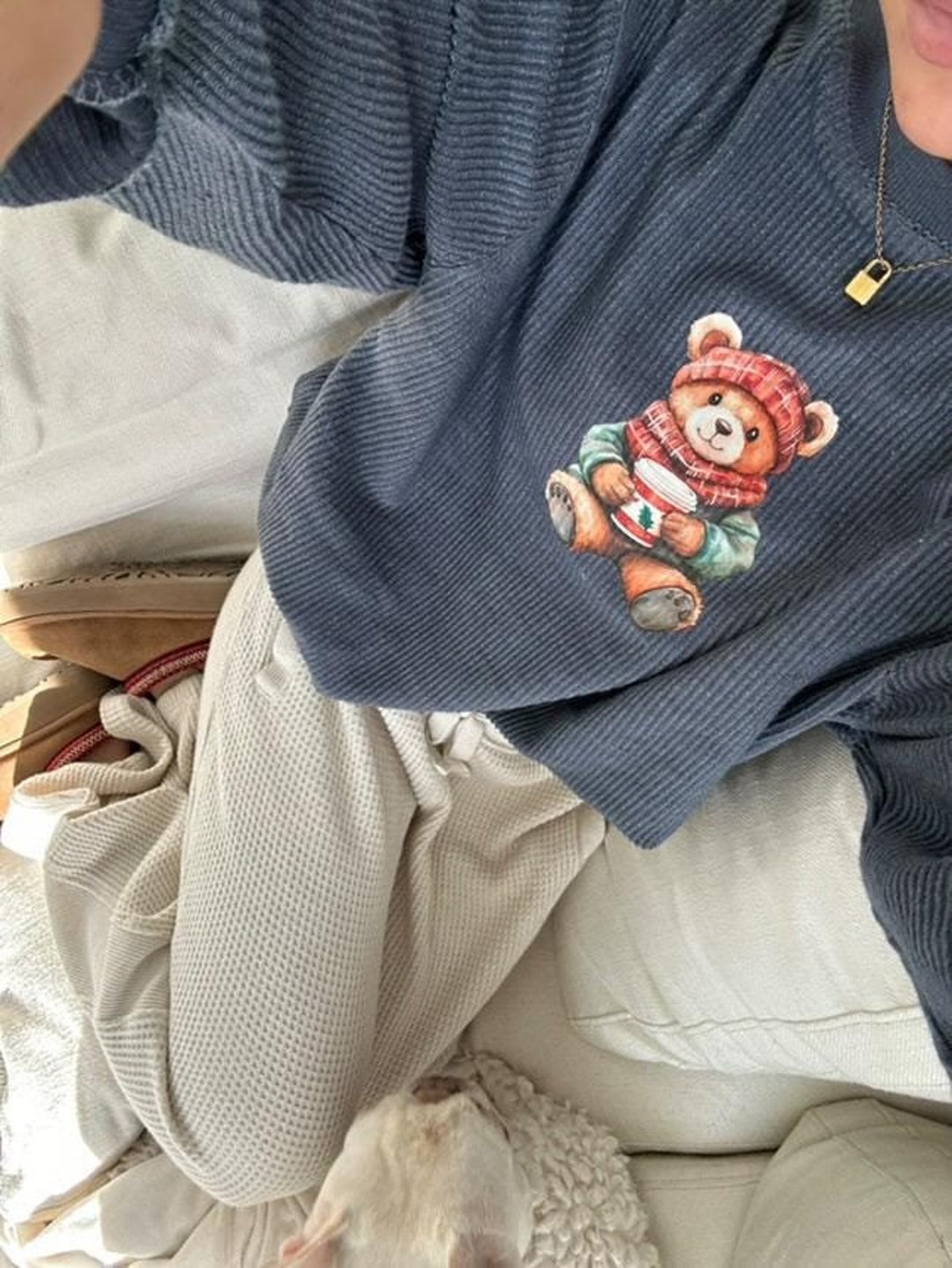SO ME Teddy Bear With Check Ribbon Christmas Sweater