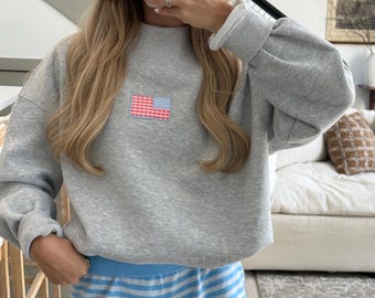 Pastel Flag Mock Neck Sweatshirt | Embroidered American Flag Patch Sweatshirt | Coastal Americana Mock Neck