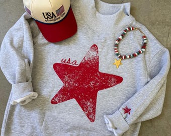 Americana Star Mock Neck Sweatshirt | Vintage USA Pullover | Distressed Graphic Crew
