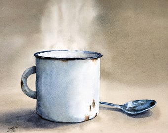 Morning Cup, ORIGINAL WATERCOLOR, not a print! Coffee, Tea, cup, Enamel, Enameled cup, spoon, Morning joe, coffee decor, breakfast art,