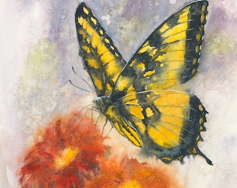 Easter Tiger Swallowtail, Butterfly, flower, garden, artwork, watercolor, painting, beauty, insect, butterflies, flowers, yellow, orange
