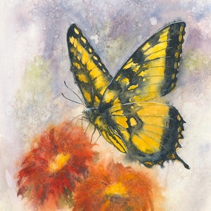 Easter Tiger Swallowtail, Butterfly, flower, garden, artwork, watercolor, painting, beauty, insect, butterflies, flowers, yellow, orange
