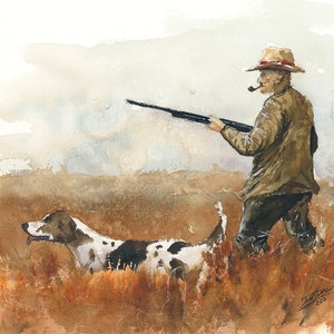 Bird Hunter, watercolor Giclee print, bird hunting, hound dog, pheasant, dove, lodge decor, country living, artwork watercolor