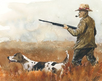 Bird Hunter, watercolor Giclee print, bird hunting, hound dog, pheasant, dove, lodge decor, country living, artwork watercolor