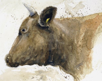 Original Watercolor Of a Yellow Tagged Bull, study, watercolor, farm décor, country, farmhouse, rural, cow, bull, farm art, animal, barnyard
