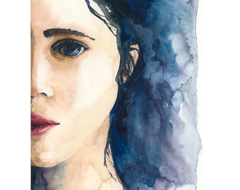 Blue Eye Original Watercolor Painting, artwork of beautiful woman, lady, girl, eyes to the soul, her look, sultry, allure,