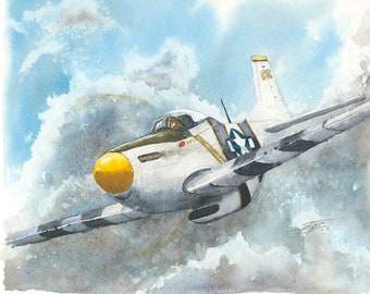 Original P51 Mustang Watercolor Painting, WW2 Aircraft Art