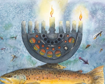 Trout Menorah, watercolor of a vented fly reel menorah and a brown trout for Hanukkah.