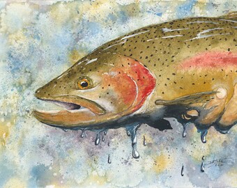 Holding A Rainbow Trout watercolor giclée print, fly fishing, fishing art, trout painting, fly tying, sportsman, den décor, mancave