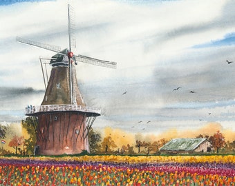 DeZwaan Windmill Watercolor Archival print, ( art giclee, painting, Tulips, Dutch Windmill, Holland Michigan, Watercolor artist)
