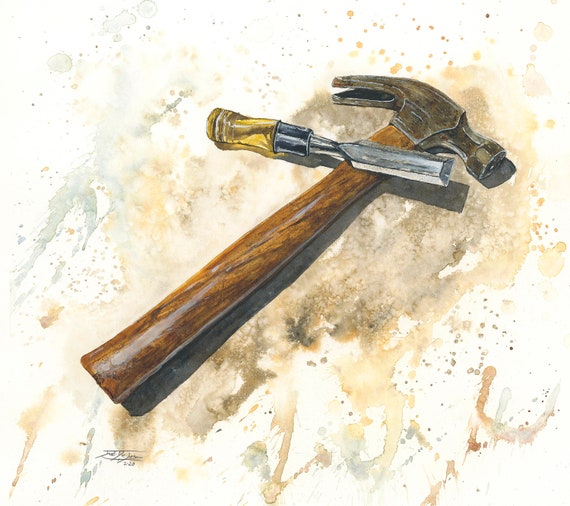 Hammer And Chisel Watercolor Giclée art print woodworking Etsy
