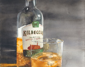 Kilbeggan, Original watercolor giclee print, Irish Whiskey, bar art,