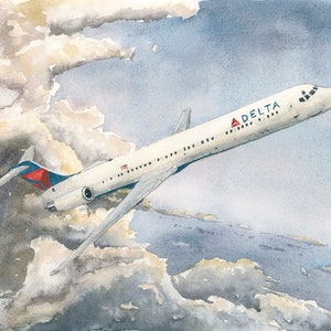 Delta MD88 watercolor giclee print, airline, Delta Airlines, aircraft art, aircraft painting, McDonnell Douglas, MD90