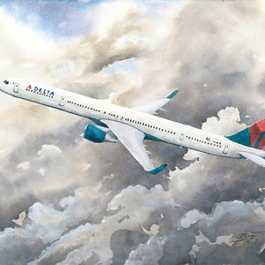 Delta 757, 300, Delta, Boeing, airline art, airliner, Boeing art, Watercolor, Transportation art, Airplane, Aircraft, Painting, Aeroplane