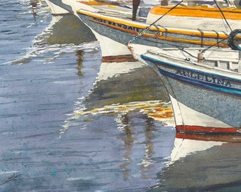 Angelina, Watercolor of boats in San Francisco Bay, original artwork, Archival Print, of boats