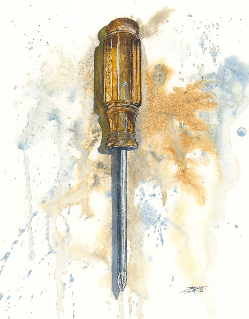 Craftsman Screwdriver Watercolor Giclée, art, print, tool artwork, garage, mancave, den, décor, rustic, woodworking, workshop, woodshop image 1