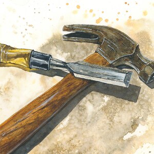 Hammer and Chisel Watercolor Giclée Art, Print, Woodworking Artwork