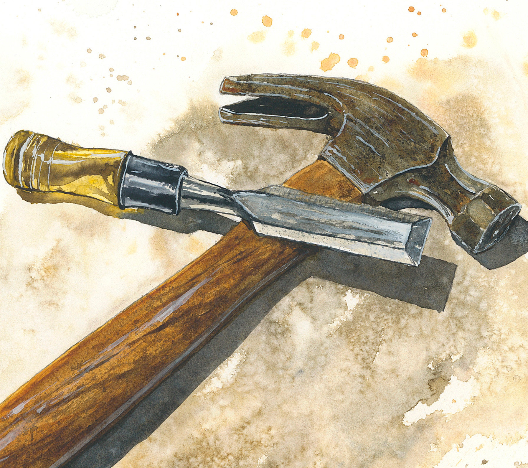 Hammer and Chisel Watercolor Giclee Art Print Woodworking Artwork Workbench Painting Rustic Decor Working Mans Art Garage Shop Etsy