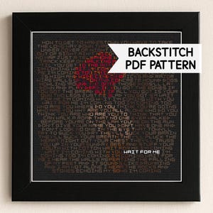 Puede incluir: Un patrón de punto de cruz en blanco y negro enmarcado con el texto "Wait For Me". El texto está en una fuente oscura con algunas palabras resaltadas en rojo. Las palabras están dispuestas en un patrón de cuadrícula.