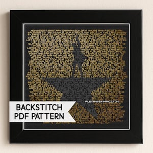 Pode incluir: Impressão artística emoldurada em preto com um design de texto dourado em forma de estrela. O texto é uma citação de Alexander Hamilton. As palavras "BACKSTITCH PDF PATTERN" estão em uma faixa branca.